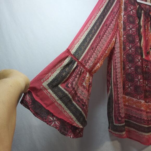 Knox Rose Boho Peasant Sheer Bell Sleeve Blouse Top Size L - Picture 4 of 8